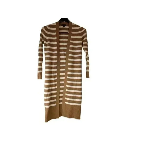 Ann Taylor Petite Striped Ribbed Long Line Open Brown/ White Cardigan XS - Picture 1 of 10
